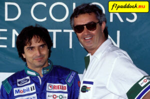 1990 год. Нельсон Пике и Флавио Бриаторе в боксах команды Benetton